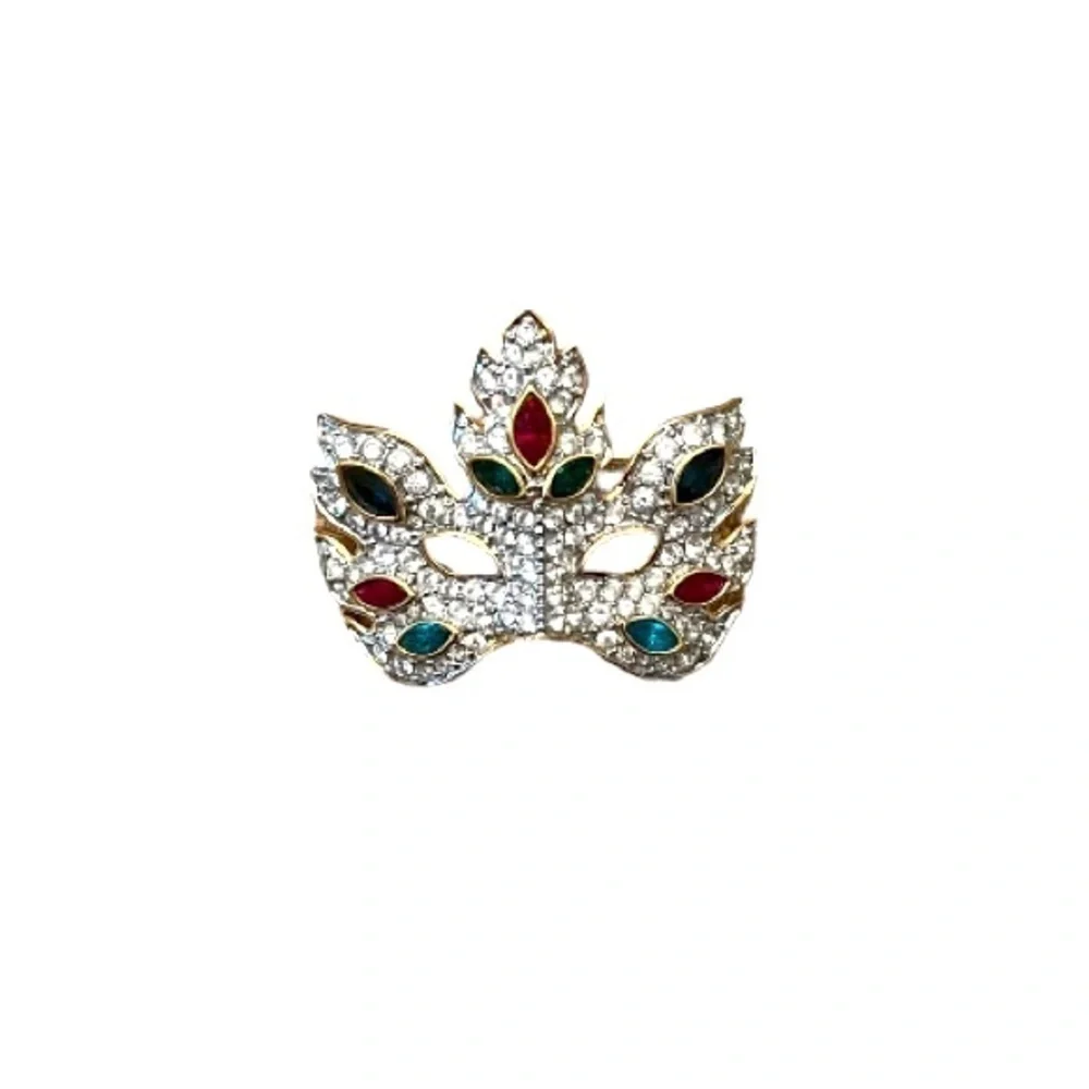 Swarovski Crystal Masquerade Mask Multi-Color Crystal Gold Tone Brooch